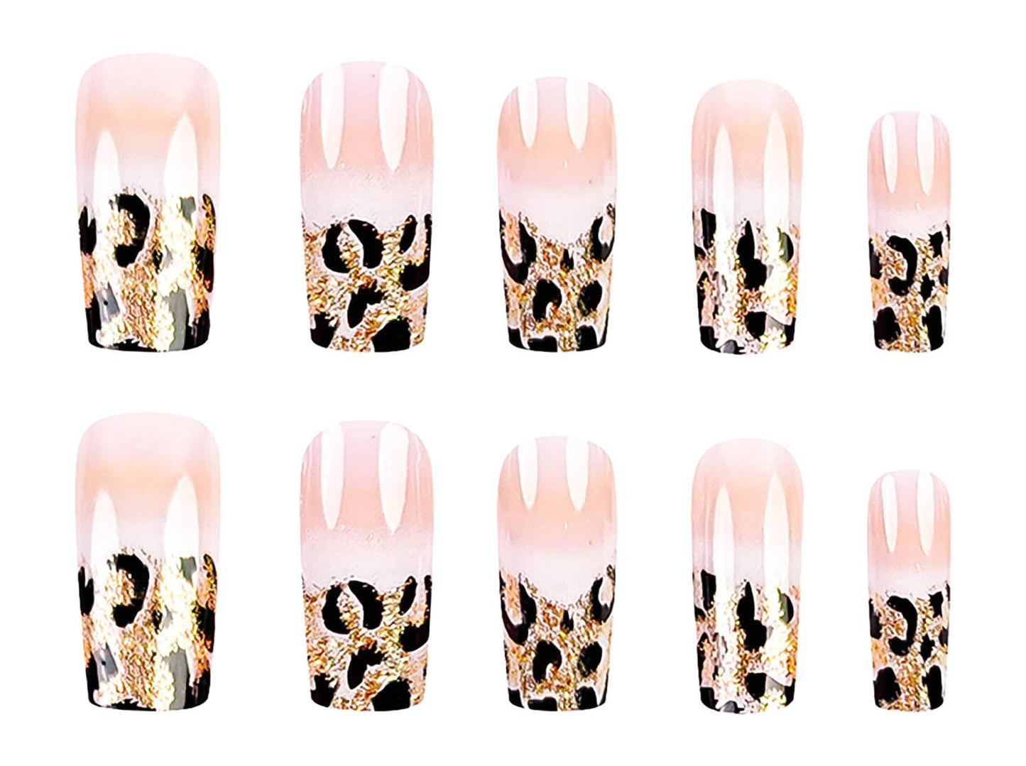 RUOKEXIN Medium Square Press on Nails French Tip Fake Nails Glitter Ombre False Nails with Leopard Designs Medium Nail Press ons Sparkly Artificial Nails Cute Stick on Nails for Women 24Pcs
