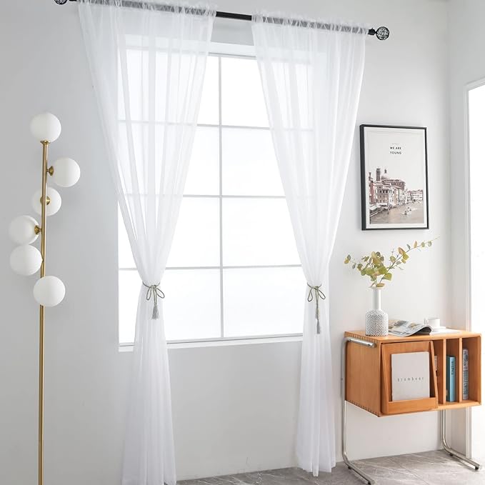 SpaceDresser Basic Rod Pocket Sheer Voile Window Curtain Panels White 1 Pair 2 Panels 60 Width 96 Inch Long for Kitchen Bedroom Children Living Room Yard（White，60Wx 96L）