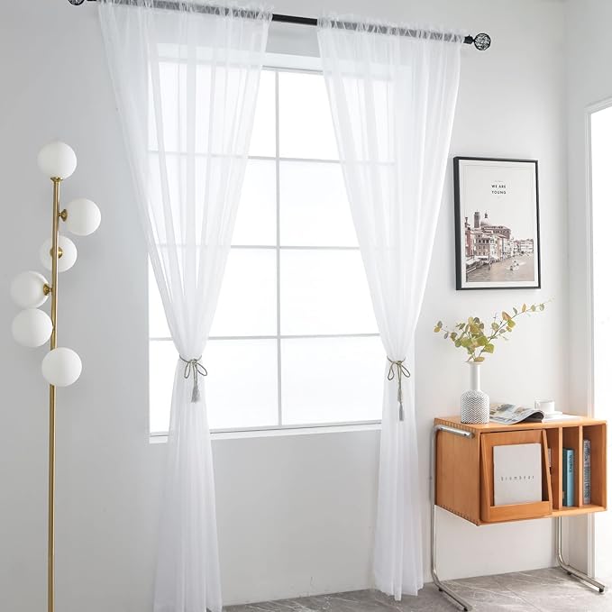 SpaceDresser Basic Rod Pocket Sheer Voile Window Curtain Liners White 2 Panels 52 Width 45 Inch Long for Kitchen Bedroom Children Living Room Yard(White,52 W x 45 L)