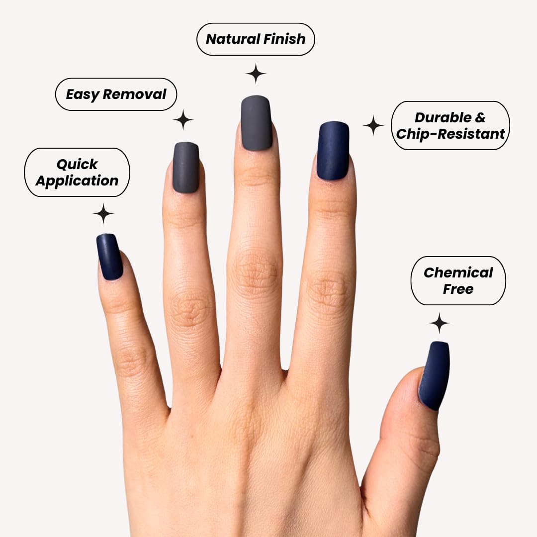 PerfectLook Press On Nails - Midnight Matte | No Glue One-Day Medium Square Nails, Matte Dark Grey & Navy Blue Fake Nails - 24 Pcs Nail Kit with Adhesive Tabs