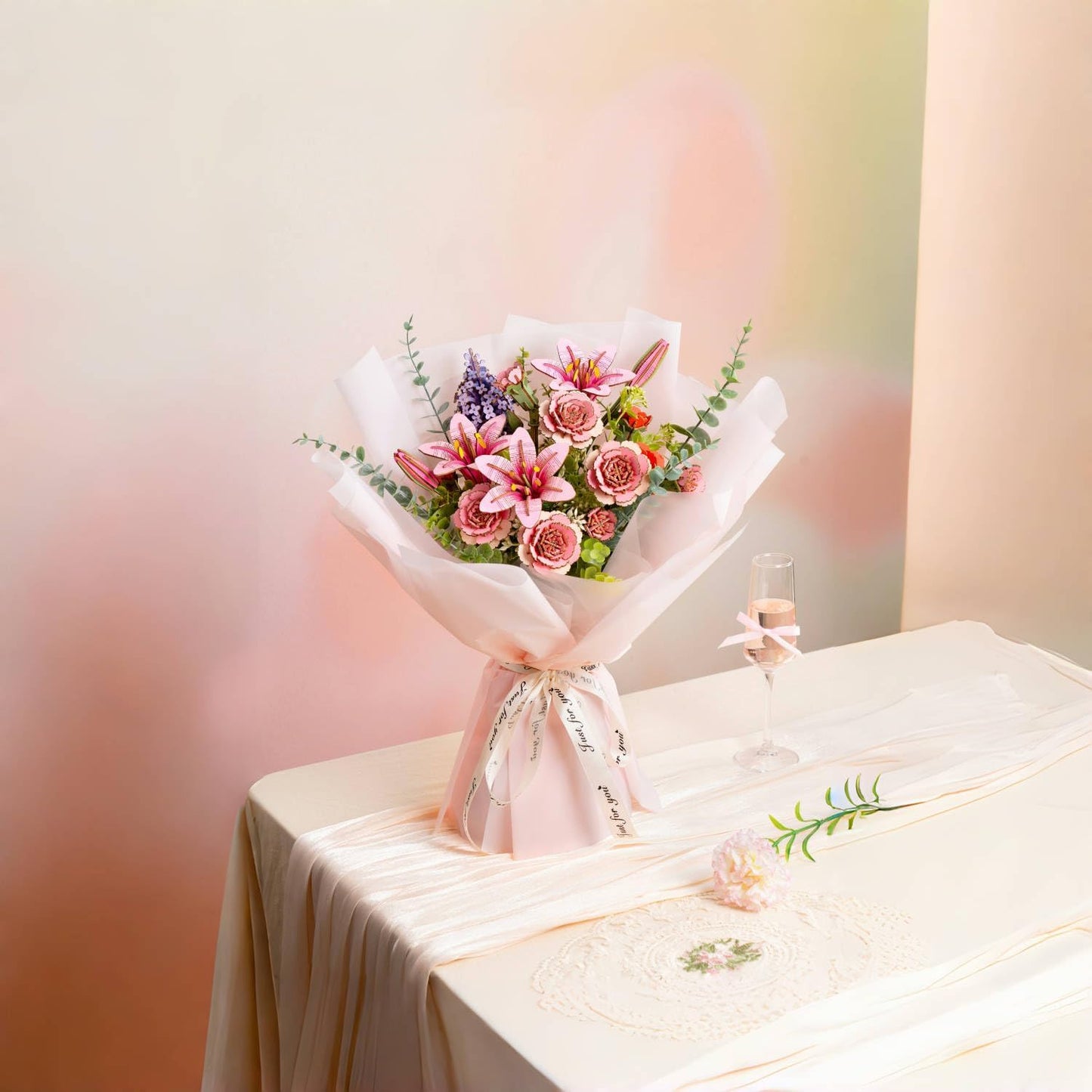 ROBOTIME 3D Wooden Flower, Pink Rose TW041 DIY Craft Kit for Adults, Artificial Floral Decor for Table, Centerpiece, Gift for Women
