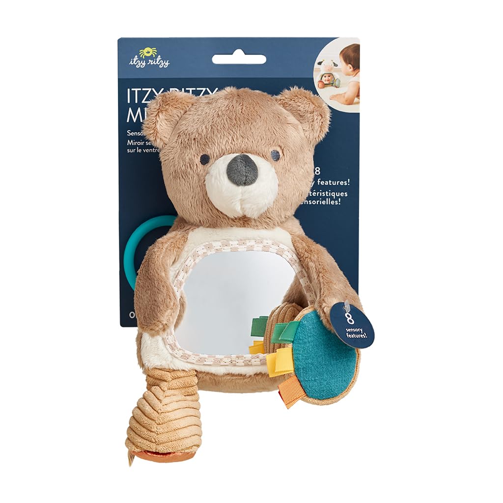 Itzy Ritzy Sensory Tummy Time Toy Mirror - Features Crinkle & Jingle Sounds, Multiple Textures and Mirror for Self-Discovery, Infant Toy for Ages 0 Months and Up, Bear
