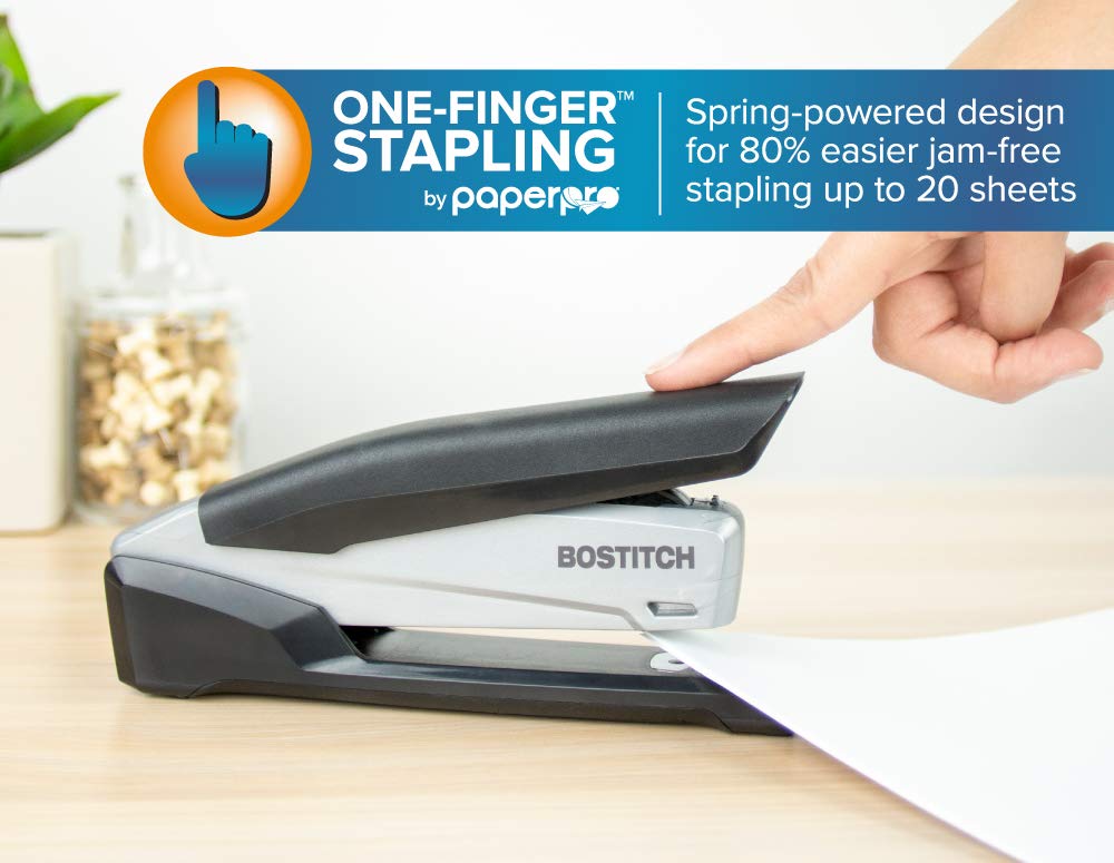 Bostitch Office Executive 3 in 1 Stapler, Includes 210 Staples and Integrated Staple Remover, One Finger Stapling, No Effort, 20 Sheet Capacity, Spring Powered Stapler, Black/Gray (INP20)