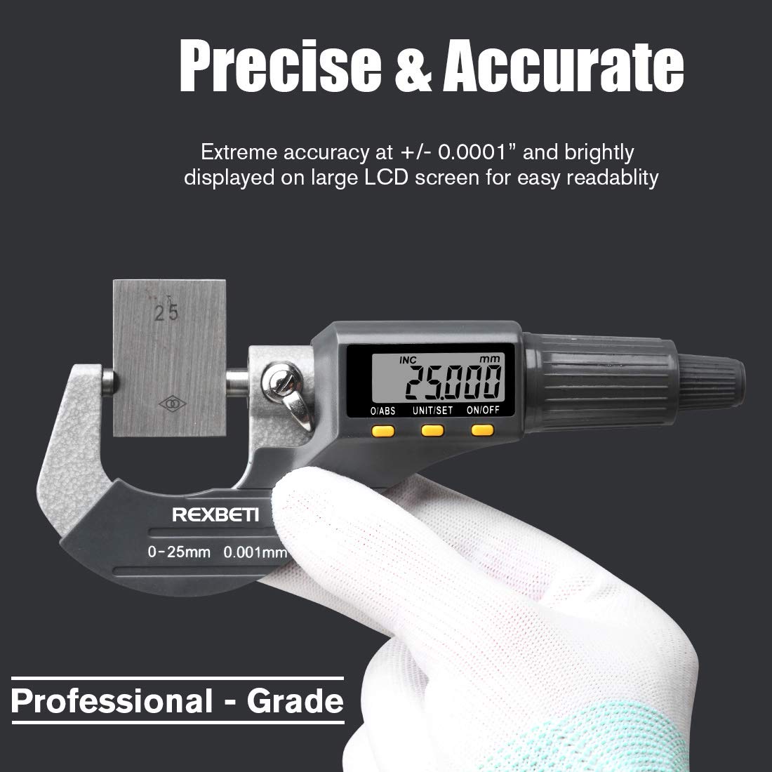 REXBETI Digital Micrometer, Professional Inch/Metric Measuring Tools 0.00005"/0.001 mm Resolution Thickness Gauge, Protective Case with Extra Battery