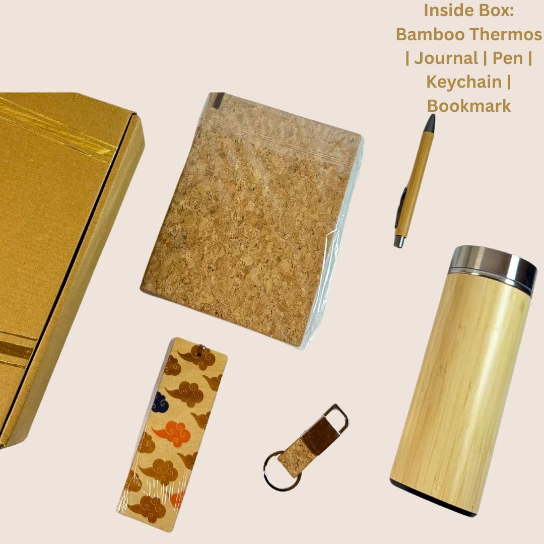 Corporate Gift Set – Eco-Friendly Bamboo Water Bottle, Handcrafted Journal, Pen, Keychain & Wooden Bookmark in Elegant Box – Employee Appreciation, Executive & Client Gift Box