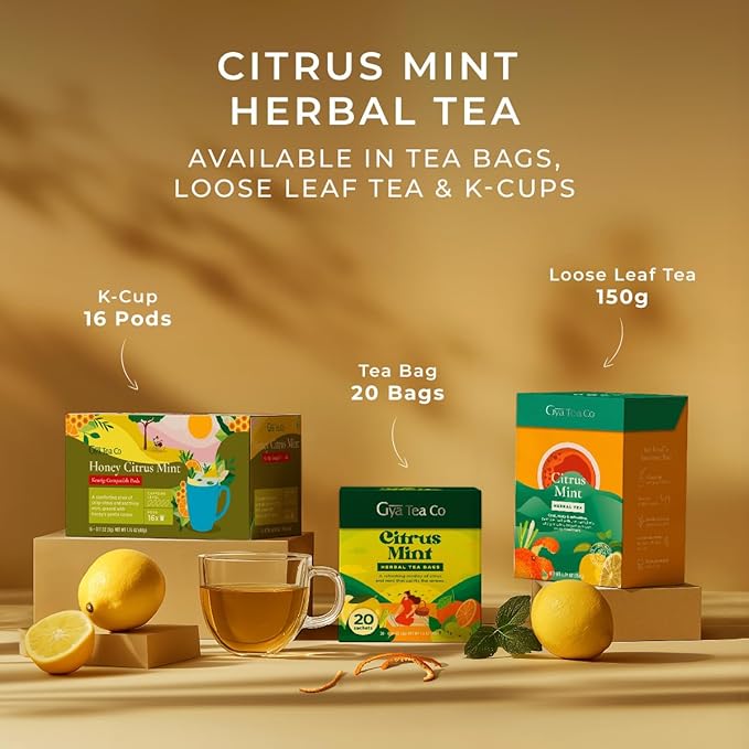 Gya Tea Co Citrus Mint Herbal Tea Bags (20 Bags) - Caffeine Free with a Tangy Flavor for All Day Comfort, Calming, Relaxing & Nourishing - Fruit & Herbal Blends