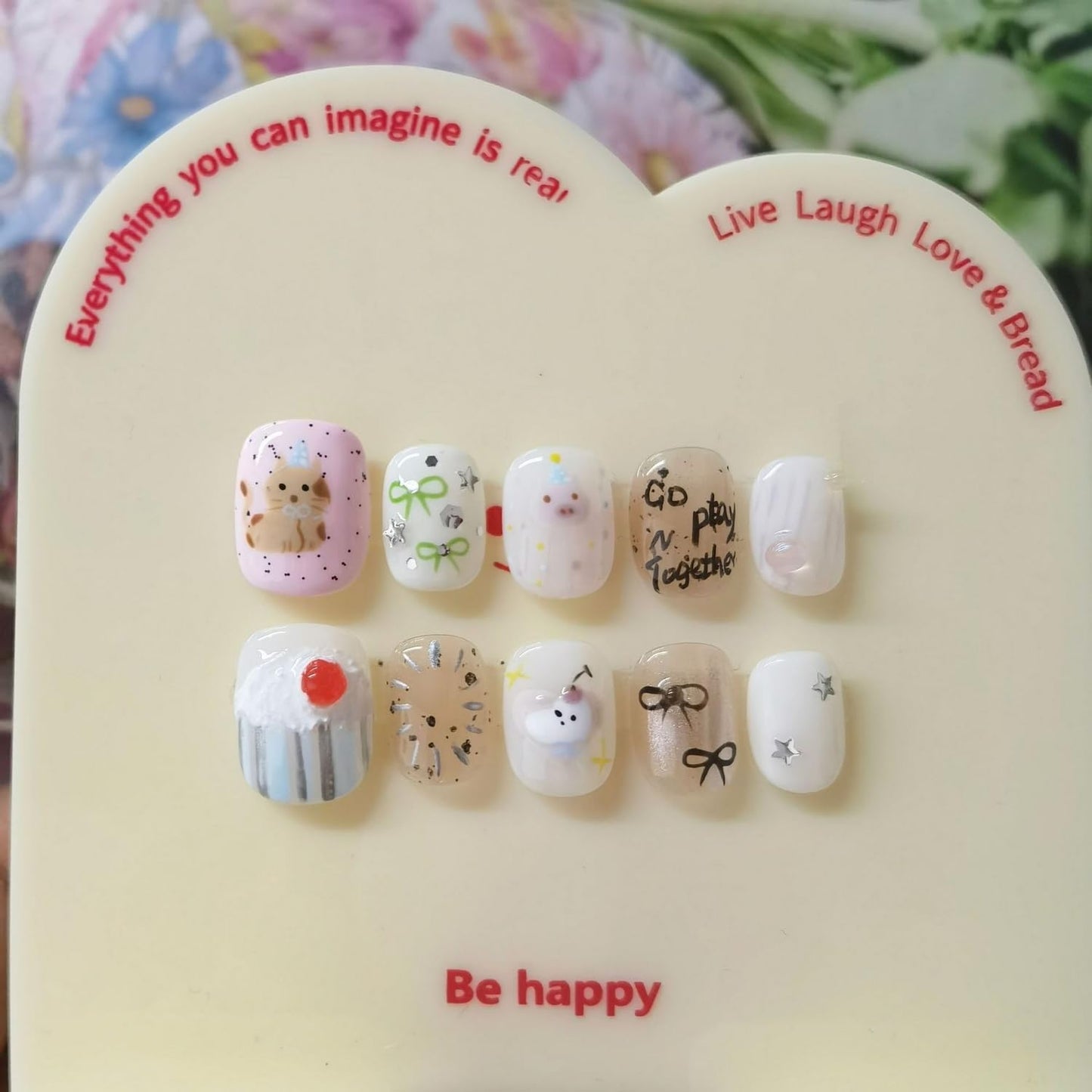 Cute Handmade Press on Nails Extra Short Square 3D Unique Reusable ABS Material Luxury Fake Nails Cat False Nails with Designs Cupcake Pig Art Glossy Glue on Nails Thick Acrylic Nails(S)