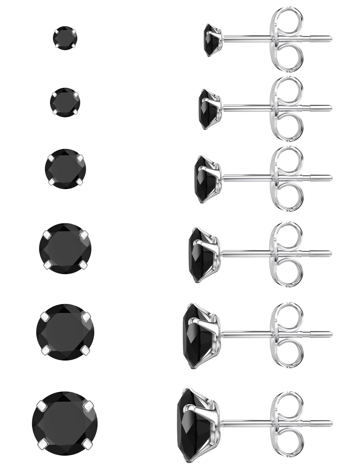 6 Pairs Stud Earrings Set Hypoallergenic Cubic Zirconia 316L Earrings Stainless Steel Earrings for Women (Black)