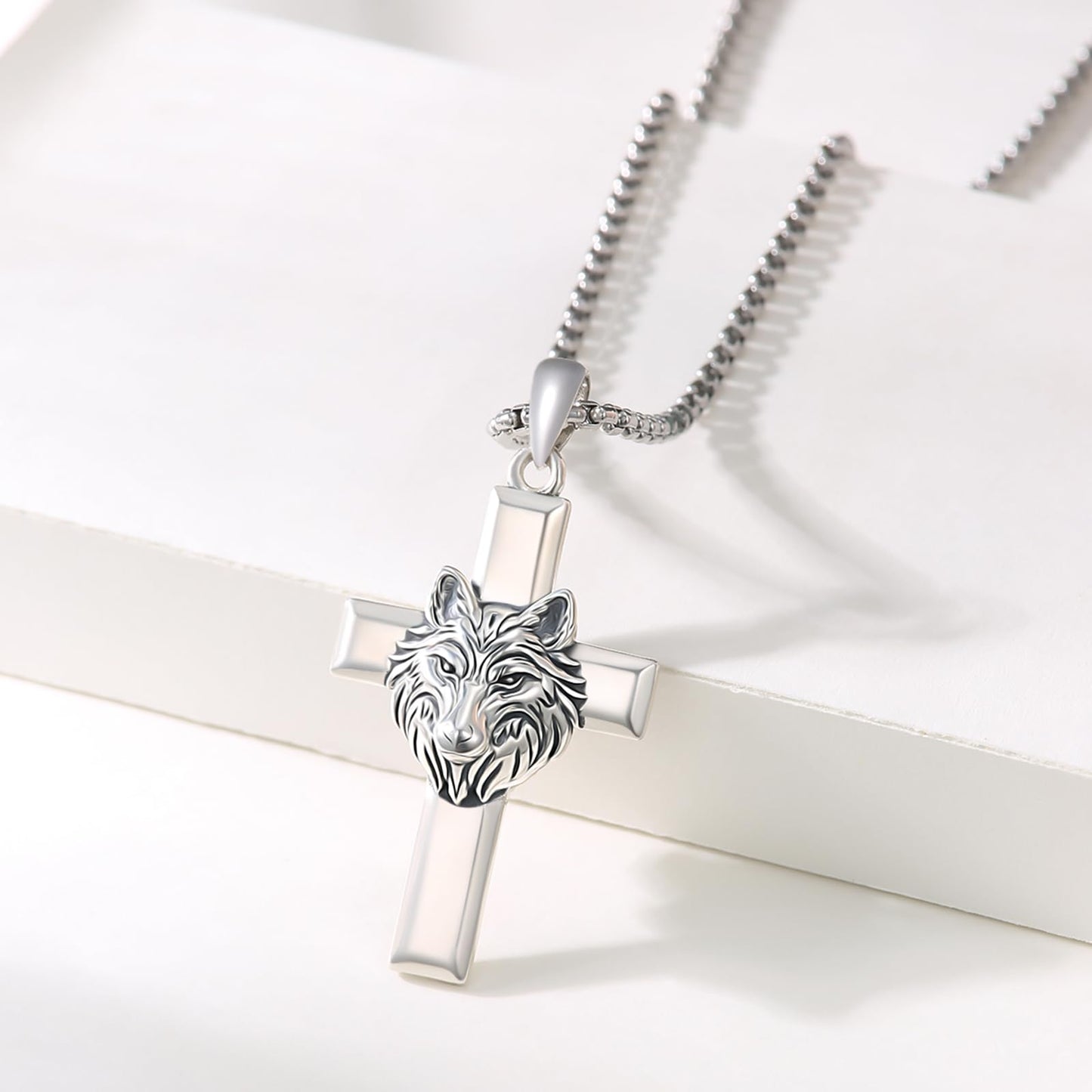 YEESIA Cross Necklace for Men 925 Sterling Silver Wolf Necklace Pendant Christian Protect Jewelry Wolf Gifts for Men Husband