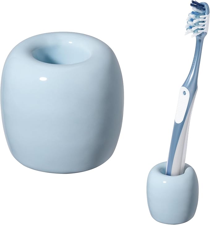 Urbanstrive Ceramic Toothbrush Holders for Bathrooms, Sleek Tooth Brush Holder Toothbrush Stand Tooth Brushing Holder, Portable Bathroom Accessories Organizer, Light Blue, 1 Pack