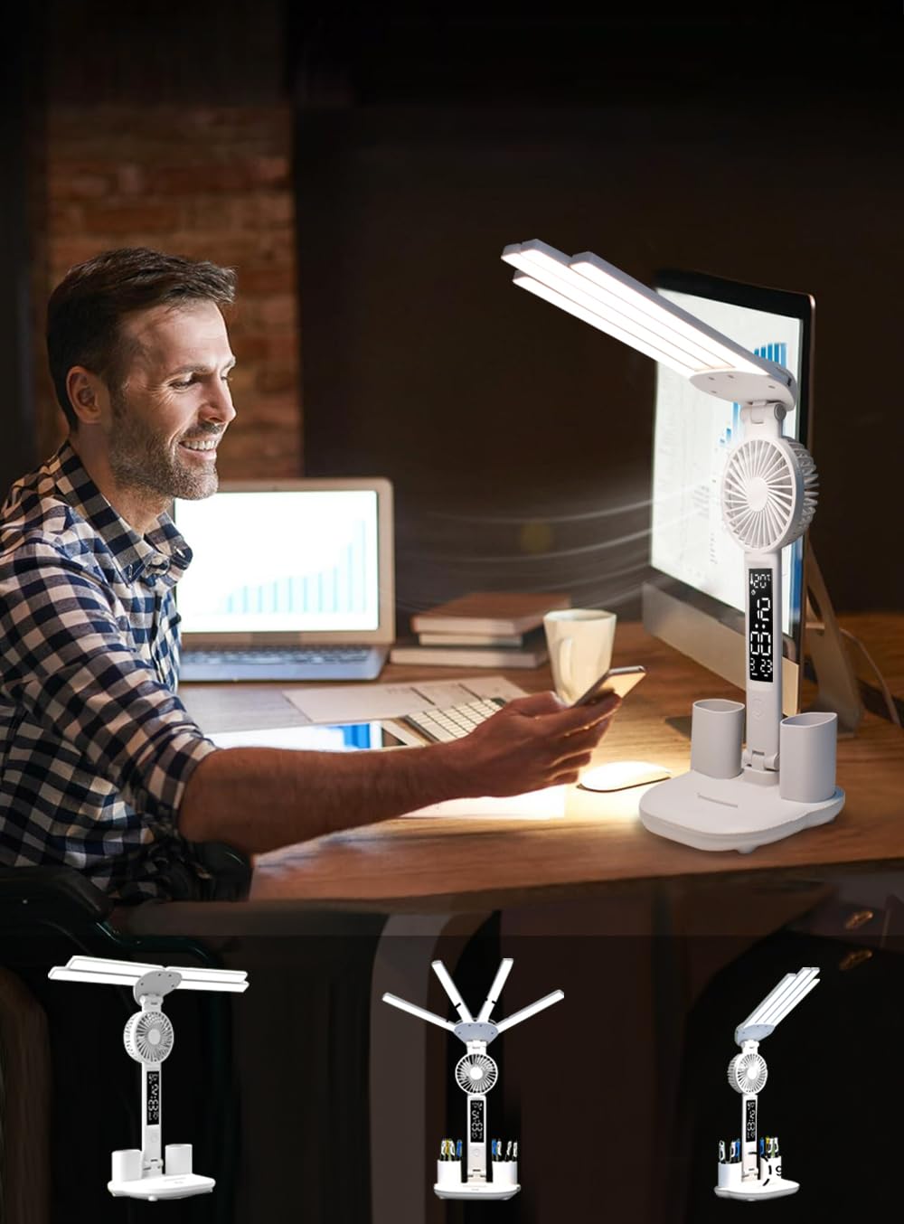 niccryle Led Desk Lamp with Fan Study Light with Clock, Adjustable Foldable Table Lamp with Pen Holder, 3 Brightness Levels, USB Charging Port
