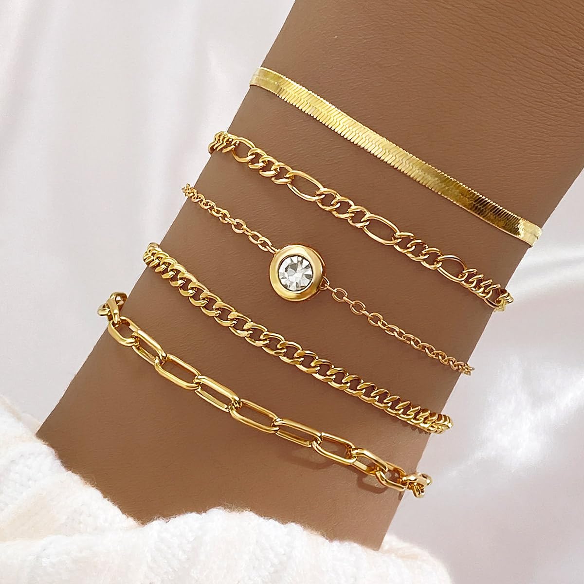 IFKM Gold Bracelets for Women, 14K Gold Plated Dainty Link Chain Bracelet Set, Trendy Stackable Layered Bracelets jewelry Gifts