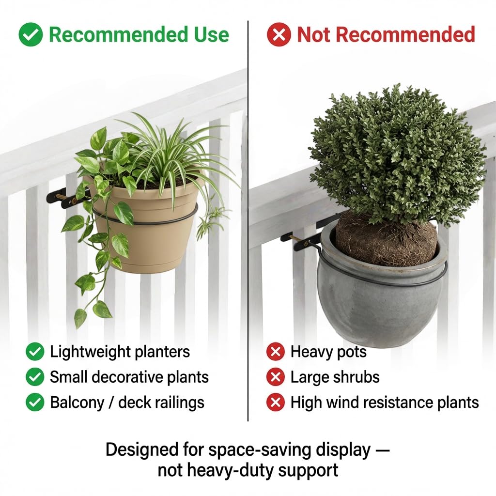 Vercome Hanging Flower Pots Holder-Deck Railing Plant Container Holder for Round Pot Planters (6") Hanging Bucket Flower Pot Holder for Patio Balcony Outdoor Plants 2 Pack