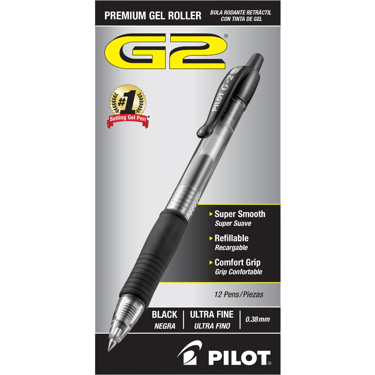 Pilot, G2 Premium Gel Roller Pens, Ultra Fine Point Gel Pens 0.38 mm, Pack of 12, Black