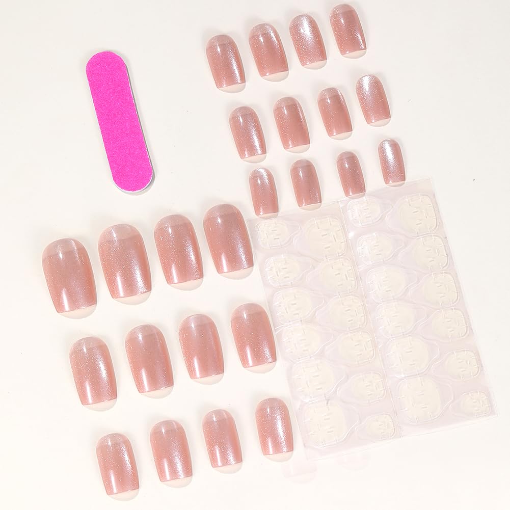 Christmas Pink Press on Nails Medium Fake Nails 24Pcs Square with Sparm Cat Eye Designs Acrylic False Nail Press ons Artificial Stick on Nails for Xmas Valentines Women Girls Manicure