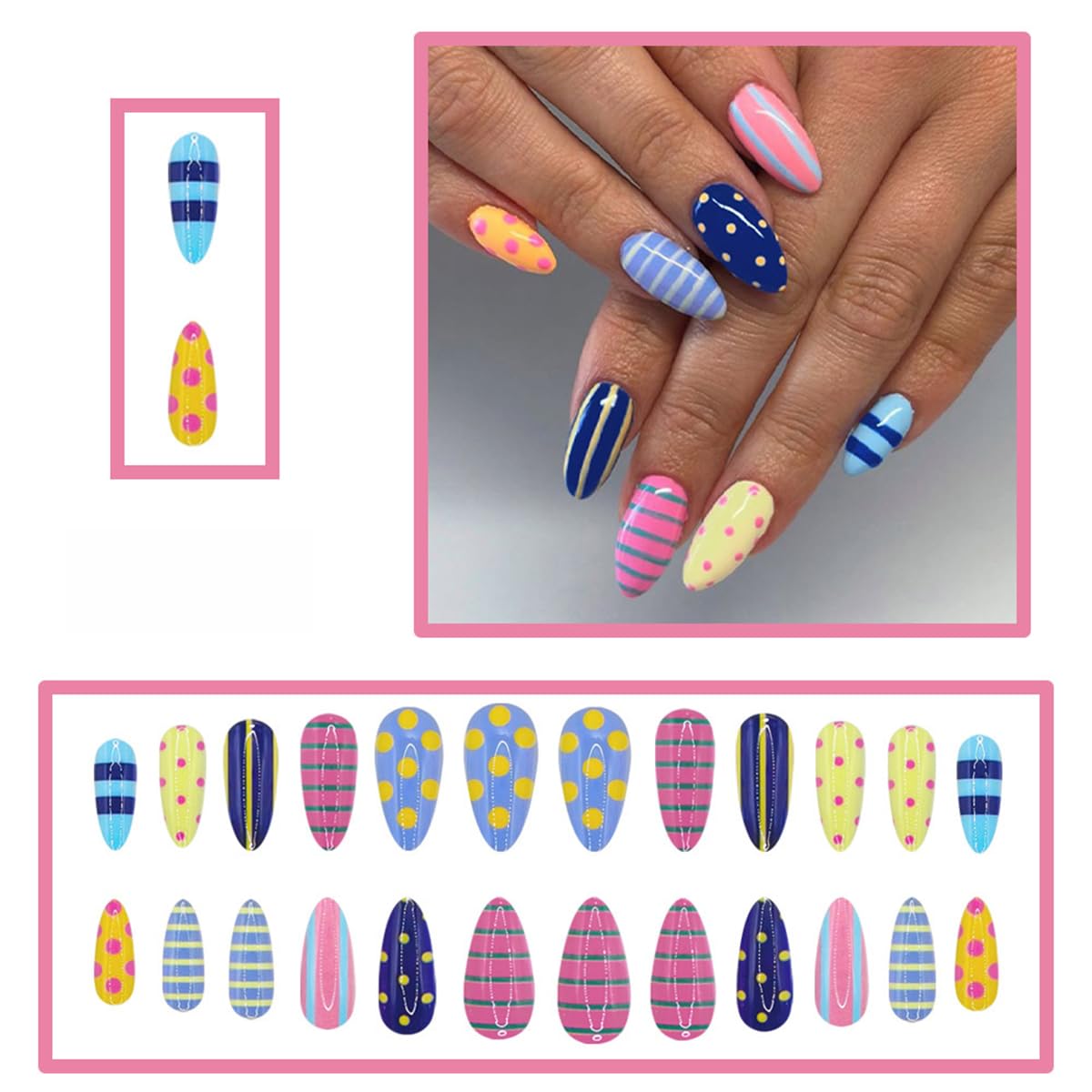 24 Pcs Summer Press on Nails Medium Almond WLGDLH Fake Nails, Multicolor False Nails Press ons with Striped Polka Dots Design, Cute Glue on Nails Full Cover Stick on Nails for Women Manicure