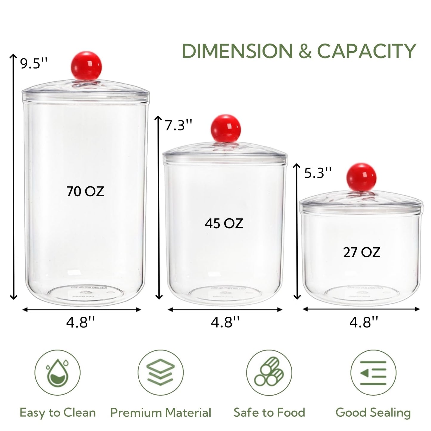 Nagpew 3 Pack Clear Candy Jar, Airtight Plastic Cookie Jars with Lids in 3 Sizes, Wide Mouth Food Storage Apothecary Container for Office Desk, Kitchen, Counter, 70 Oz, 45 Oz, 27 Oz