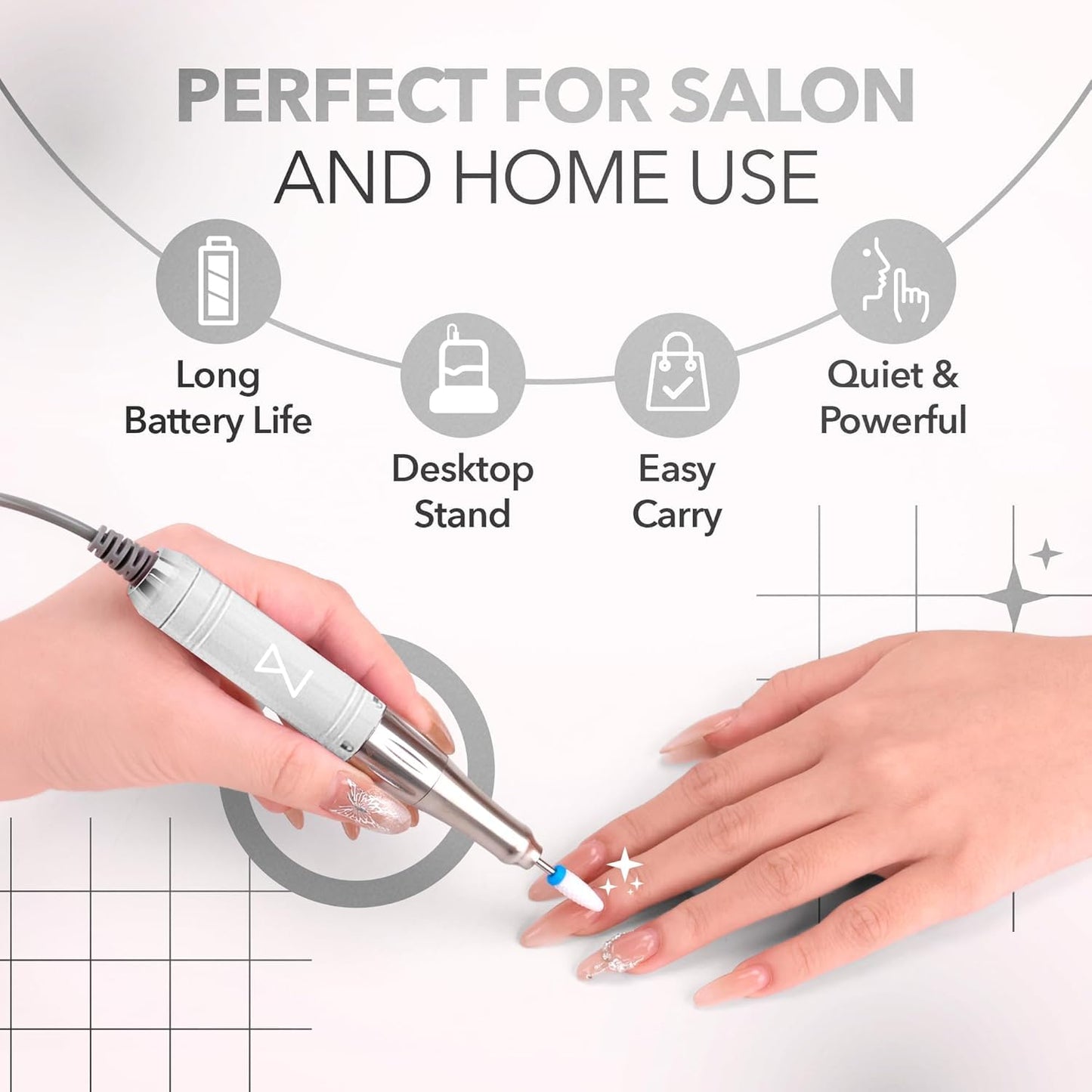 M Mase- Professional Nail Drill Machine - Coreless 2-in-1 Nail File - Electric, Cordless, 35000 RPM, HD Display - Electric Nail Drill for Professional & Home Use (Metallic Gold)