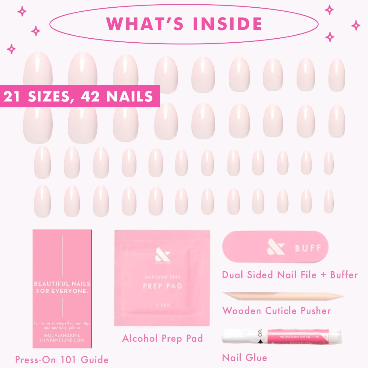Olive & June Instant Mani Press-On Nails (Glue) | 42 Fake Nails, 21 Sizes | Non-Toxic Long-Lasting Recycled Materials Realistic Look | Salon-Quality at Home | Medium, Oval | GH