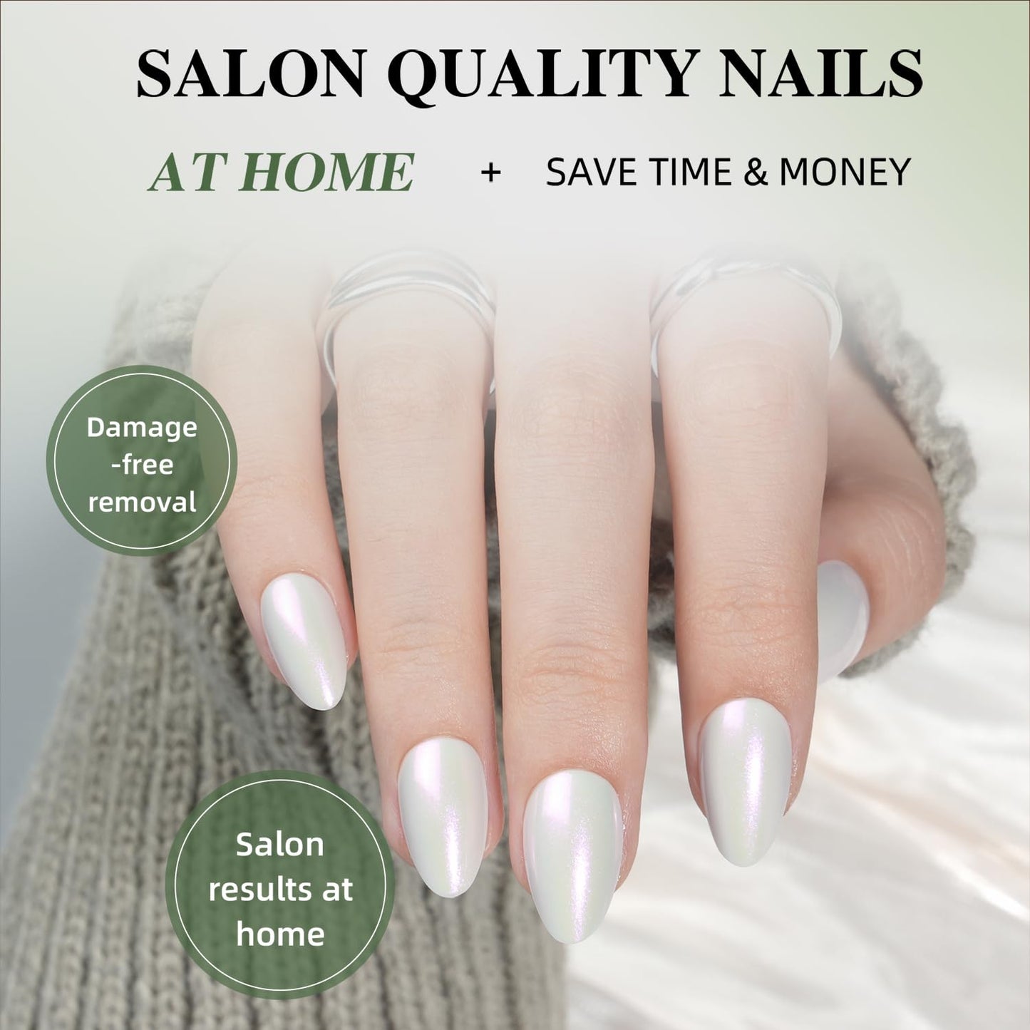 White Press On Nails Almond - White Almond Fake Nails, Short Press On Nails Chrome Reusable Stick On Nails in 16 Sizes, 32pcs False Nail Kit for Women & Girls(Pearl Whisper)
