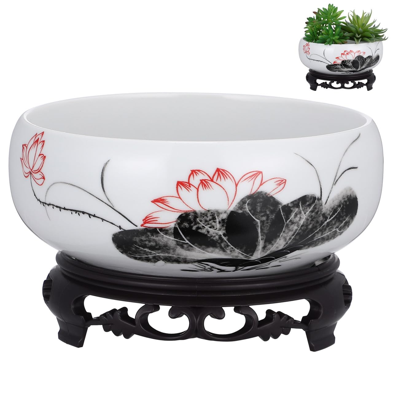Homoyoyo Plant Container Bowl Ceramic Succulent Pots Decorative Glazed Shallow Succulent Planter with Base Stand for Home Desk Decor