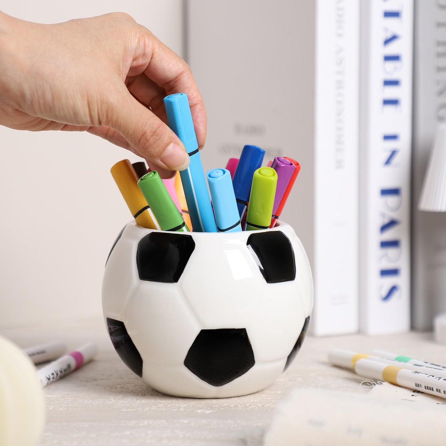 Sizikato Ceramic Pencil Holder for Study, Desktop Decor Football Pen Holder
