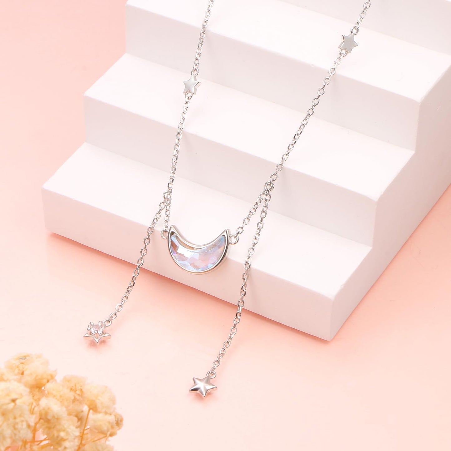 Ladytree 925 Sterling Silver Crescent Moon and Stars Celestial Jewelry CZ Created Moonstone Pendant Necklace Rolo Chain 18 inches to 20 inches