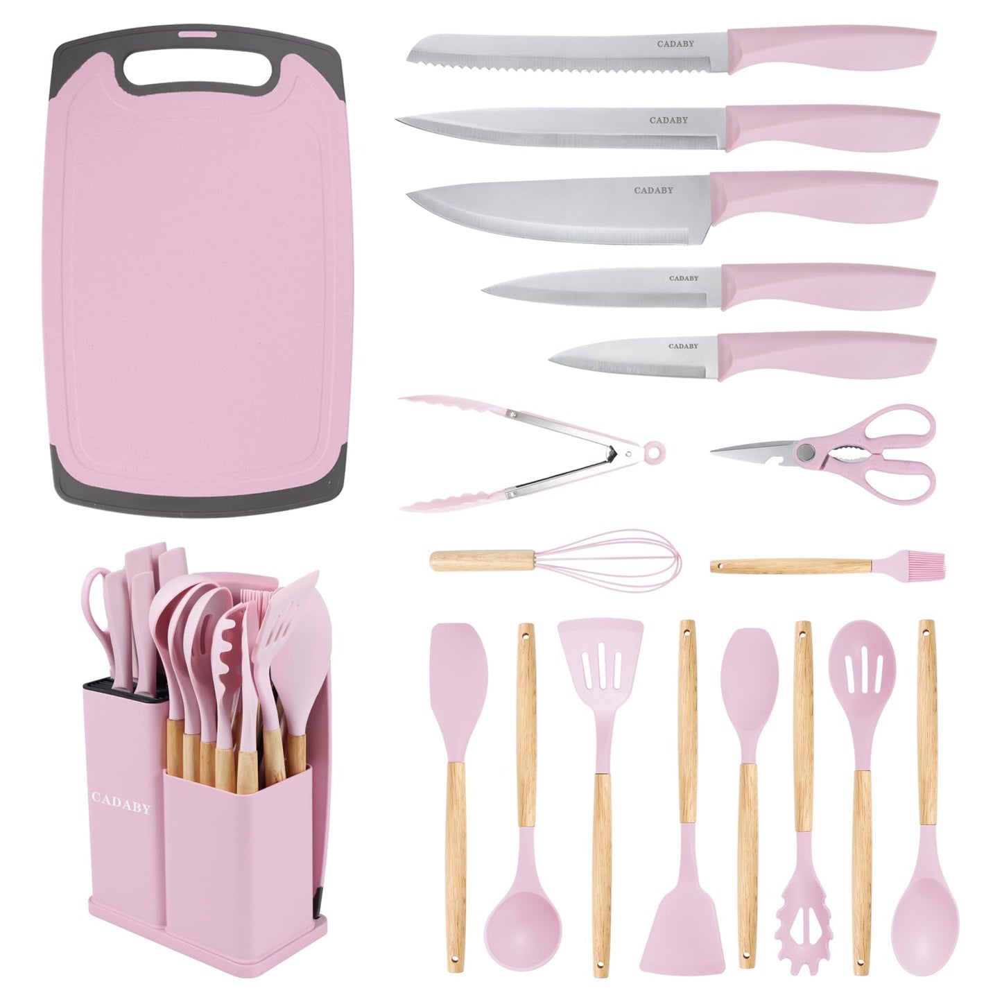 CADABY 19 PCS Kitchen Cooking Utensils Set, 11 Pieces Silicone Cooking Utensils Set 6 Pieces Sharp Stainless Steel Pink Knife Set with 1 Piece Cutting Board, Ideal for Apartment