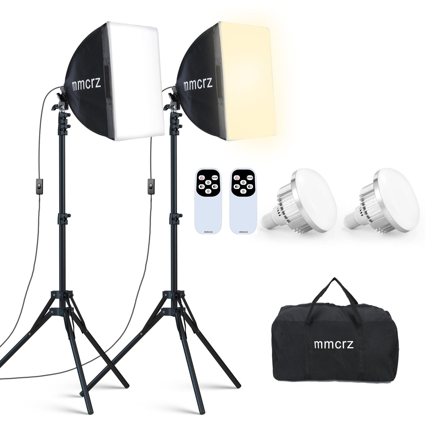 mmcrz 2Pack Professional Softbox Lighting Kit, 16'' x 16'' Studio Lights with 85W 2700-6500K E27 LED Bulbs, Continuous Lighting for Photography/Video Recording/Live Streaming