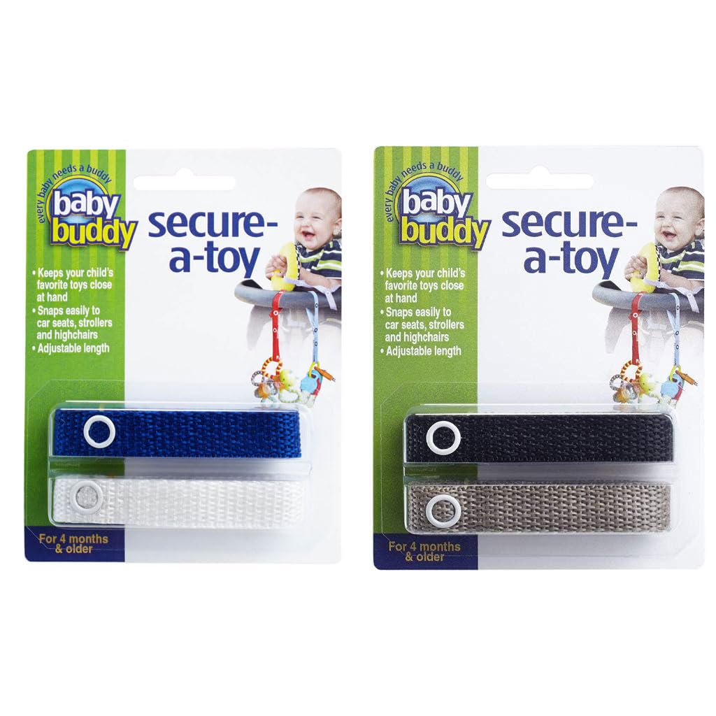 Baby Buddy Secure-A-Toy, Safety Strap Secures Toys, Teether, Pacifiers to Strollers, Highchairs, Car Seats, Adjustable, Keep Toys Sanitary, Registry Must Haves, Boys Colors (Colors May Vary), 4 Count