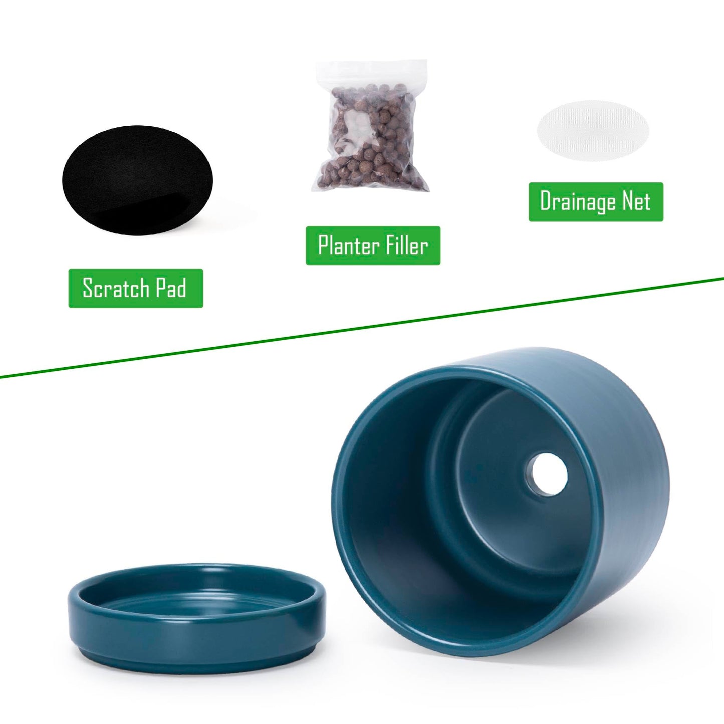 D'vine Dev Set of 2 Plants Pots, 4.7 Inch Ceramic Planter Pot for Plants with Drainage Hole and Saucer, Teal, 94-V-B-9