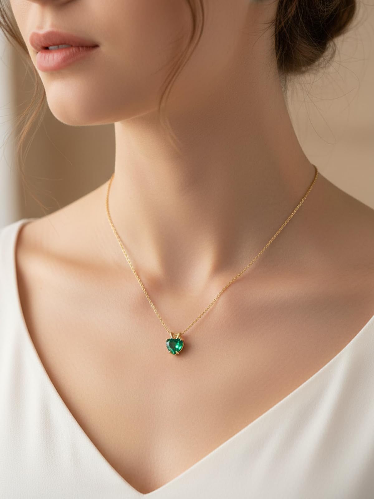 CYW 1 Carat Green Emerald Small Gold Heart Necklace for Women 925 Sterling Silver Solitaire Pendant Necklace