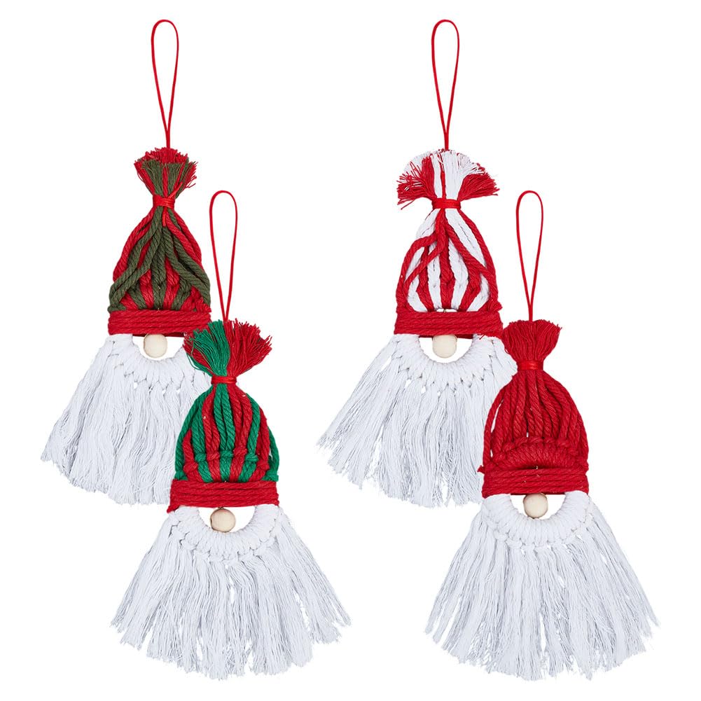 MAYJOYDIY 4Pcs Santa Claus Macrame Gnomes 10.24 inch Handmade Woven Macrame Cotton Thread Santa Pendant Decorations with Wood Beads for Christmas Tree Office Living Room Bedroom