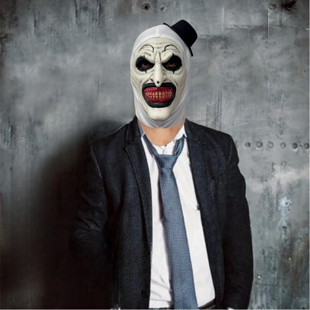 NTSWZYS Terrifier Art the Clown Mask 2025 Full Head Creepy Killer Masks for Halloween Party Props(Style 2-BlackWhite Hat)