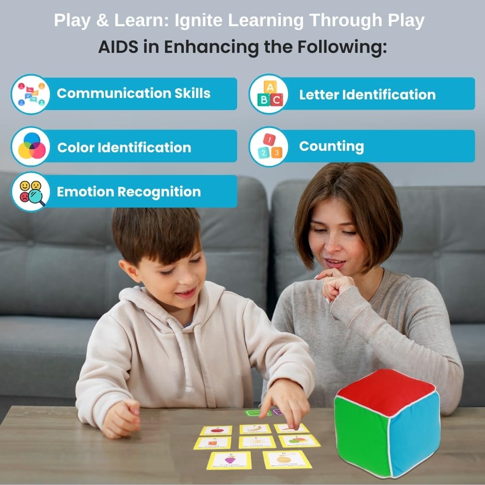 Thought-Spot Play & Learn Cube | Roll and Play Game for Toddlers | First Educational Game Ages 18+| Teaches Colors, Numbers, Letters, Emotions | Soft Cube with Activity Cards | Speech Therapy