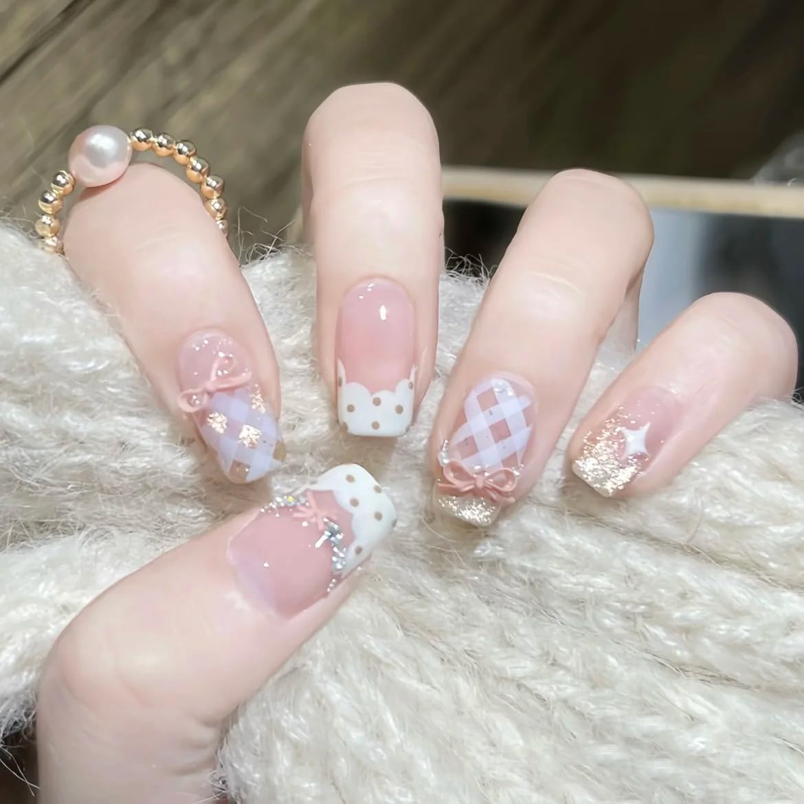 TENPAL 10Pcs Y2K Short Medium Coffin Press On Nails With Tools Kit,Light Pink Cat Eye French Fake Nails with Dot Bow Plaid Pattern,K-Beauty Acrylic Glue on Nails for Wedding Party Daily Wear(M)