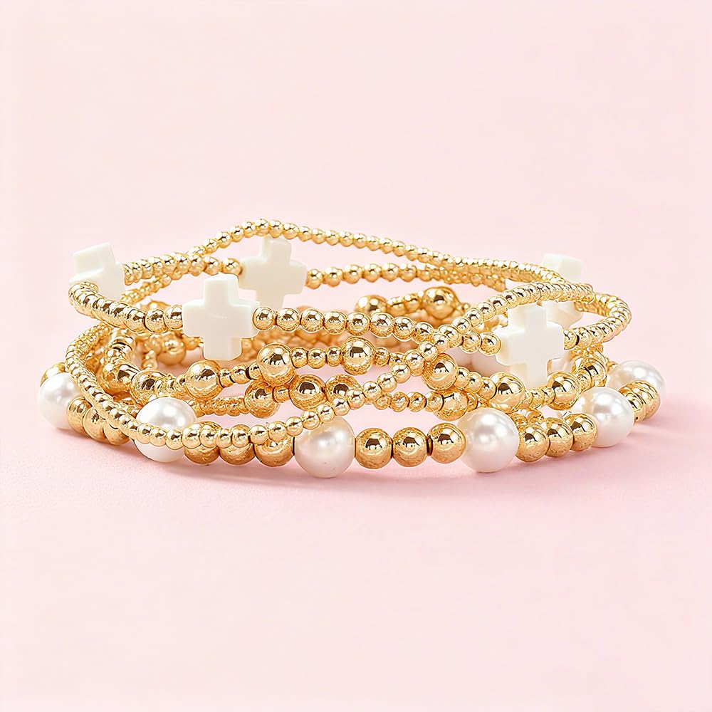 Bohxantium Gold Pearl Beaded Cross Bracelets Stack for Women Handmade Stackable Stretch Boho 14K Gold Plated Beads Ball Bracelets Set Trendy Jewelry Summer Birthday Prom Friendship Christian Gift
