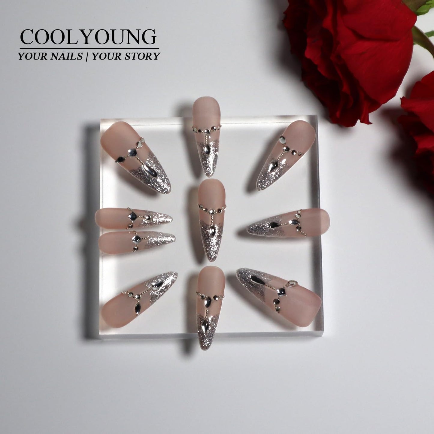 Handmade Acrylic Press On Nails 3D Nails French Press On Nails Glitter Press On Nails Elegant Press On Nails Birthday Gifts For Women COOLYOUNG Nails, 10 PCS, Size S