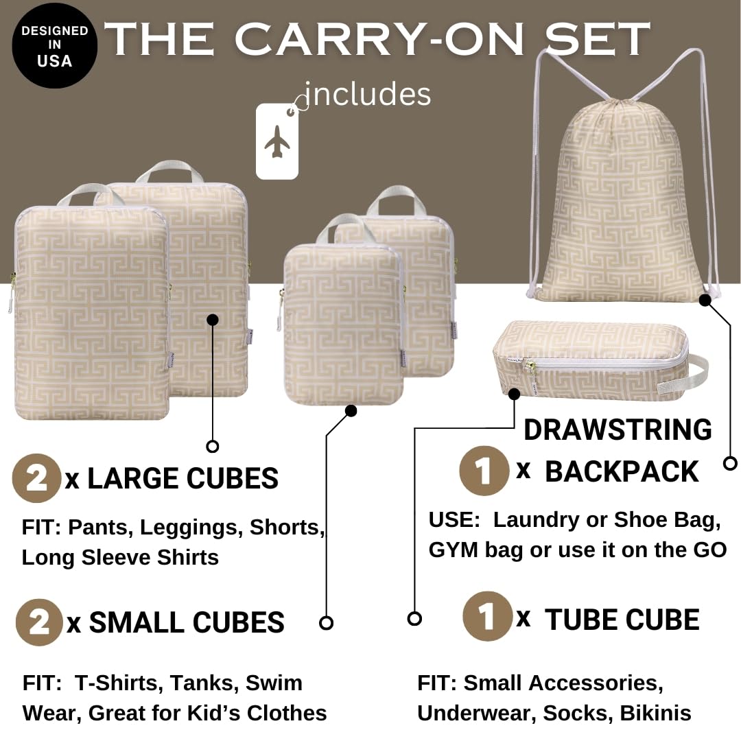 Vatalife Compression Packing Cubes for Travel 6PC Set - Suitcase Organizer & Space Saver Bags for Carry On Luggage with Drawstring Backpack Beige Boho