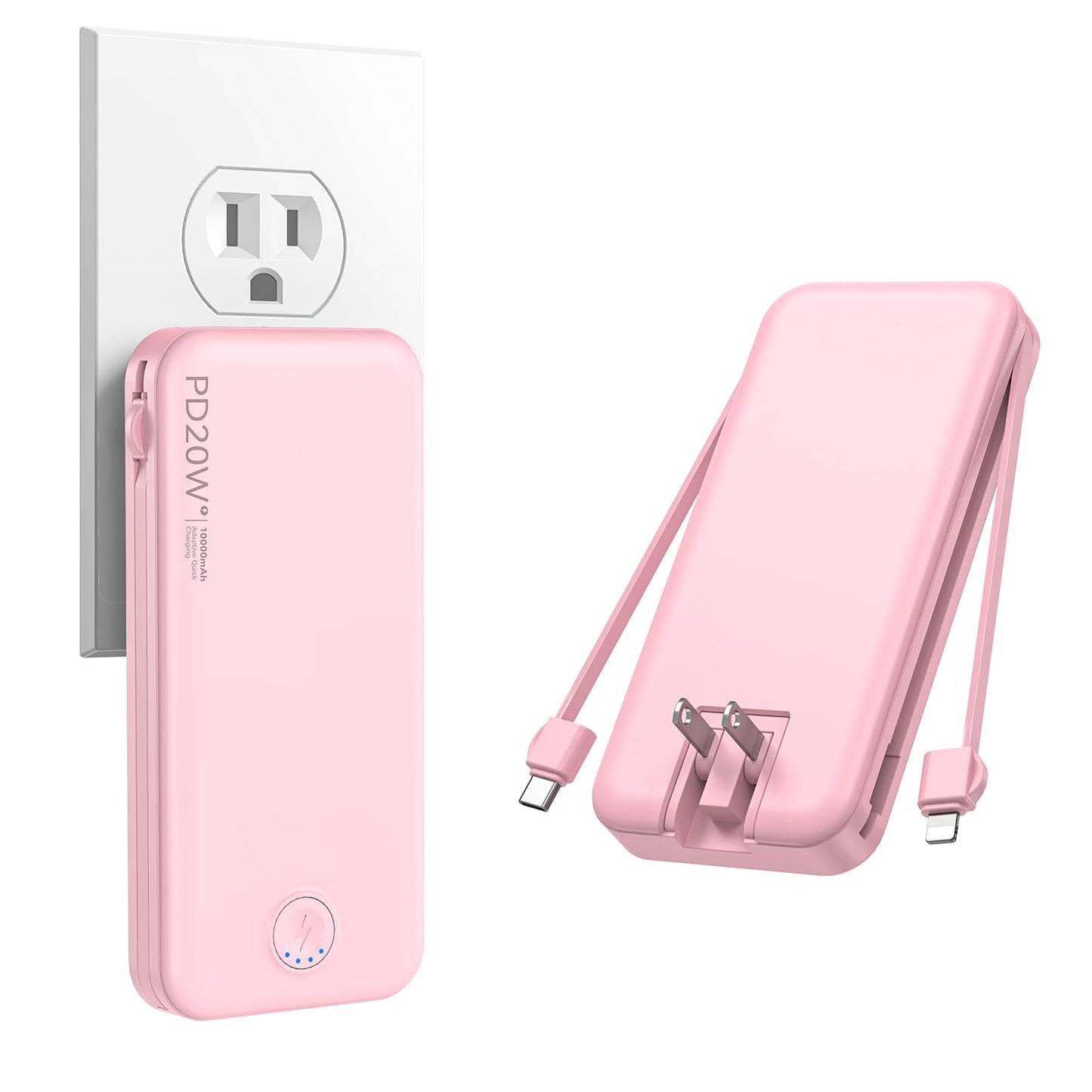 Nusyddy Portable Charger, 10000mAh PD20W Fast Charging Power Bank with Built-in Cables & Wall Plug, Travel Essentials External Battery Pack, USB C Battery Phone Charger for iPhone, iPad, Samsung Pink