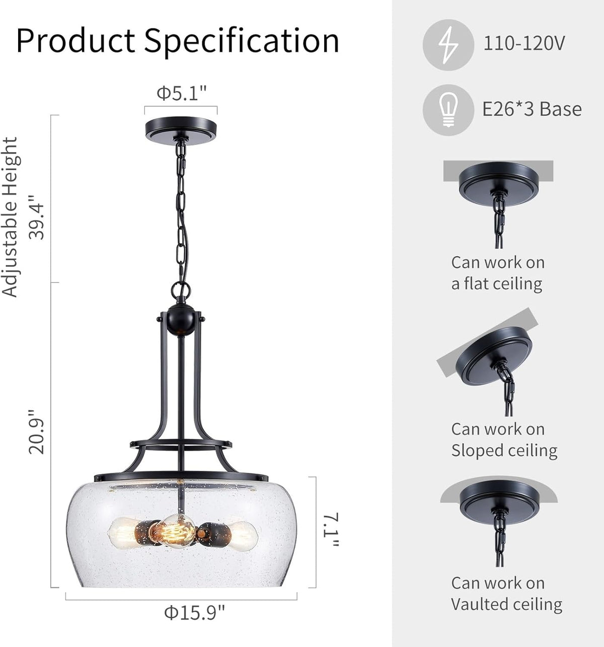 WUZUPS Chandelier Rustic Farmhouse Industrial Round Ceiling Pendant LED Light Fixture Clear Seeded Glass Shade for Dining Room Kitchen Island Foyer Entryway, H 20.9" x W 15.9", Black