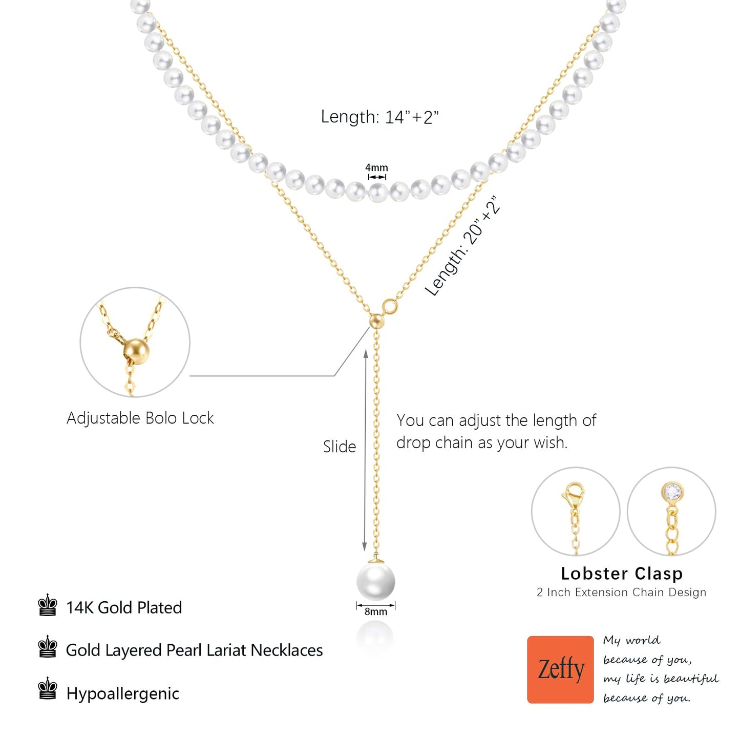 Zeffy Layered Long Pearl Necklaces Dainty Gold Pearl Lariat Necklace Stack Prom Drop Dangle Statement Adjustable Trendy Simple Pearls Choker Y-Shaped Chain Wedding Women's Jewelry Set Gift