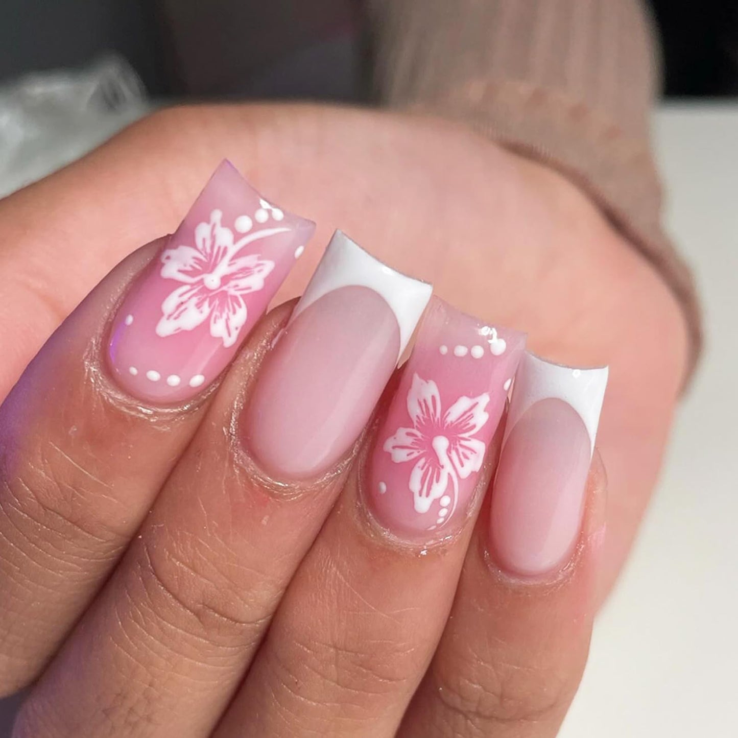 IMSOHOT Square Press on Nails, Long Fake Nails, Pink Blush White Floral French Tip, 24 Pcs Reusable Glue on Nails for Women, Salon Quality