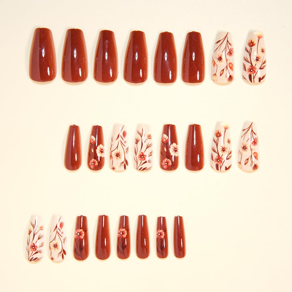 Fall Press on Nails Medium Length Fake Nails Brown Flower Gradient False Nail Full Cover Stick on Nail Fall Glue on Nails Reusable Artificial Coffin Shaped Nail for Women Manicure Kit 24Pcs