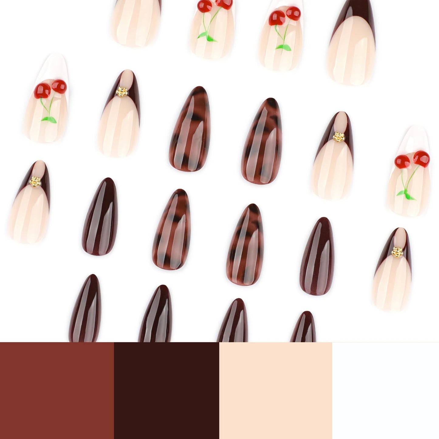 IMSOHOT Cherry Press on Nails Medium Almond Fake Nails Burgundy French Nail Tips Full Cover Glossy Glue on Nails Acrylic Artificial Cute False Nails for Women 24Pcs