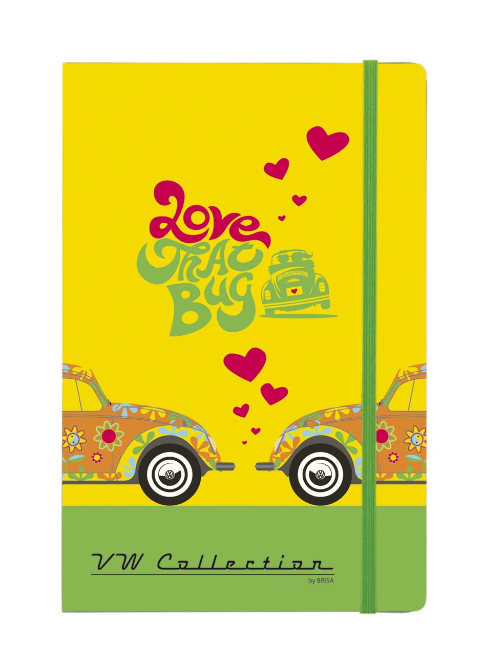 BRISA VW Collection - Volkswagen Notebook-Diary-Writing Book, Lined with Hardcover Binding in Beetle Bug Design DIN A5 (Flower Power/Yellow)