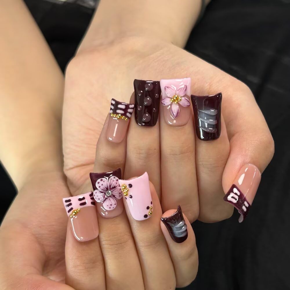MAGLFELL Press On Nails, 10 Pcs Handmade French Purple Duckbill Fake Nails, Reusable Artificial Duckbill False Nails for Women 3D Acrylic Nails Kit (Size M)