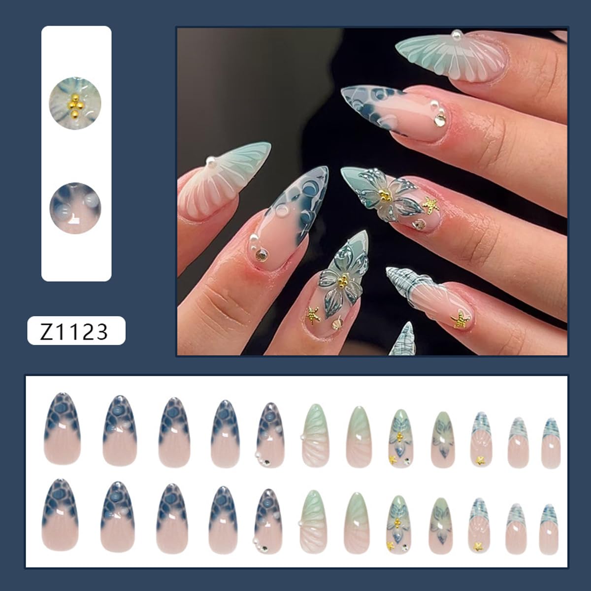 Summer Blue Press on Nails Long Almond Fake Nails French Nails Press ons with Flower,Seashell Design Reusable Artificial Nails Full Cover Stick on Nails for Women Manicure 24Pcs