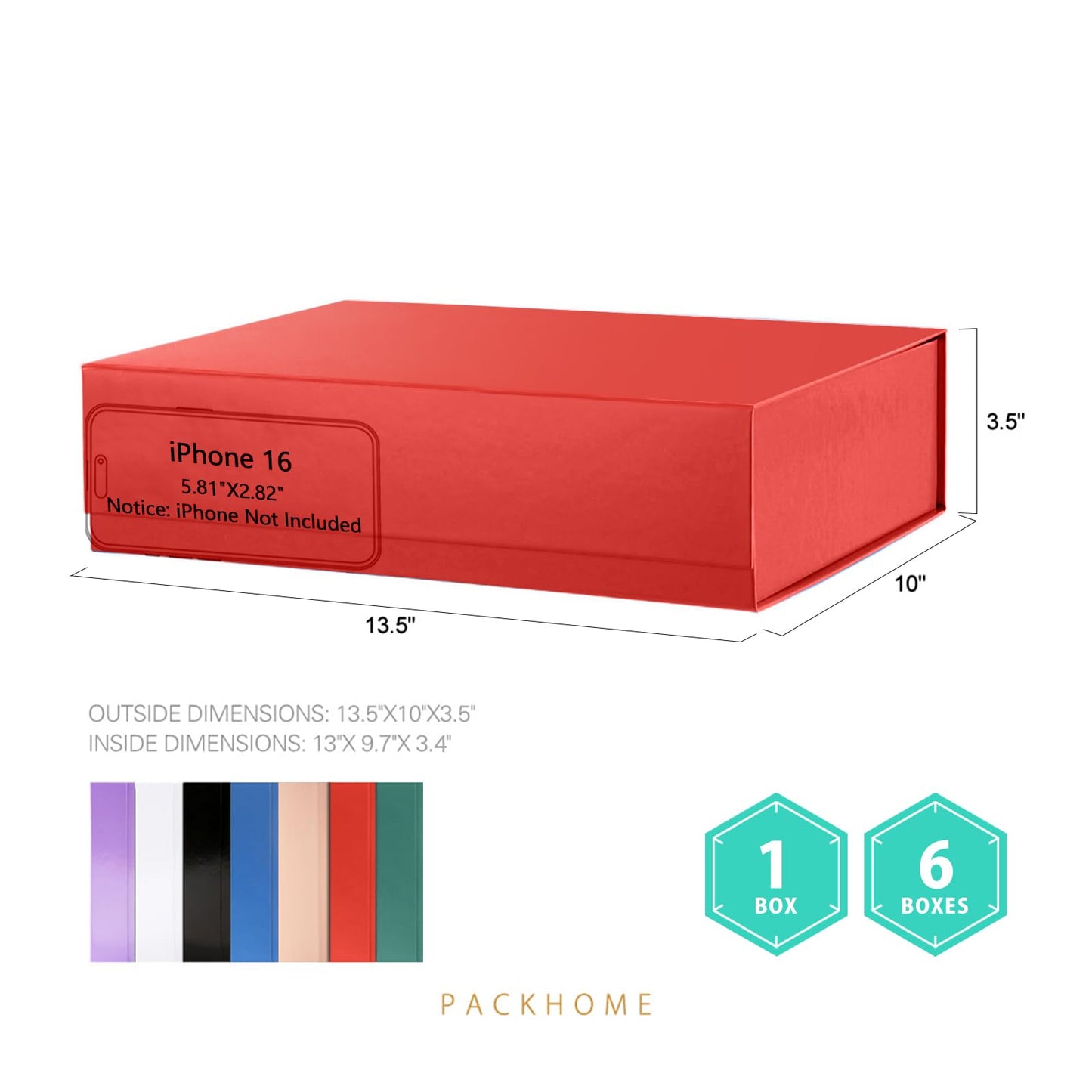 PACKHOME Mothers Day 6 Large Gift Boxes 13.5x10x3.5 Inches, Sturdy Shirt Boxes with Magnetic Lids for Multiple Occasions (Glossy Red)