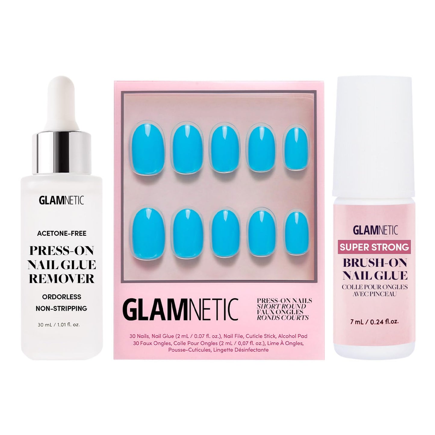 Glamnetic Press-On Nails - Azure Blue | Super Strong Brush On Nail Glue & Press-On Nail Remover | Bright Blue Short Round Fake Nails | 12 Sizes - 30 Nail Kit with Glue and Remover